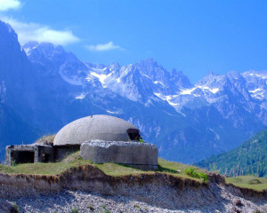 An old communist bunker overlooking the spectacular peaks of Valbona Valley. An estimated 700.000 concrete bunkers were built by Hoxha's regime. 